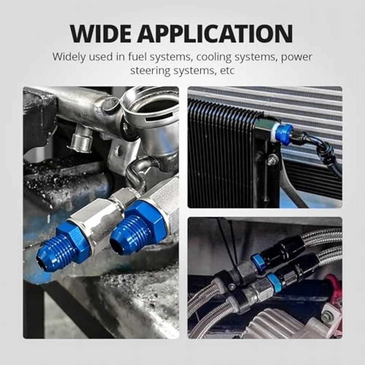 Blue flare adapter fitting with threaded ends for fluid line connections