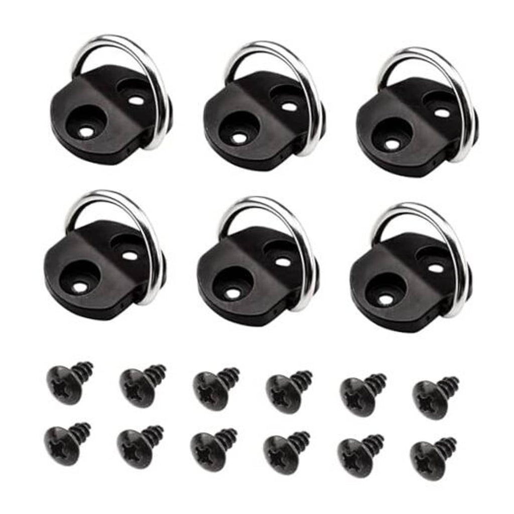 Six black D-ring anchor tie-downs with chrome steel loops and mounting screws
