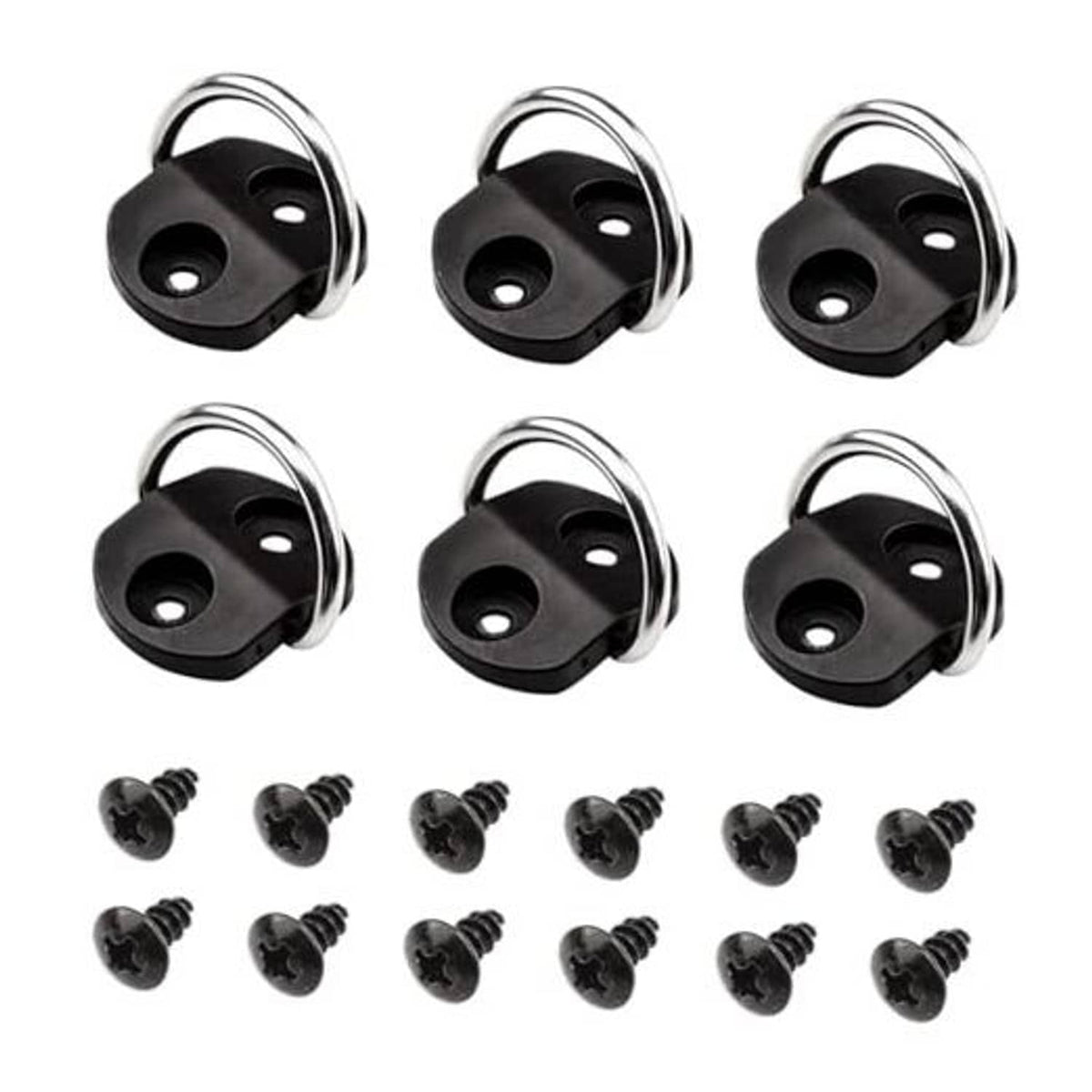 Six black D-ring anchor tie-downs with chrome steel loops and mounting screws