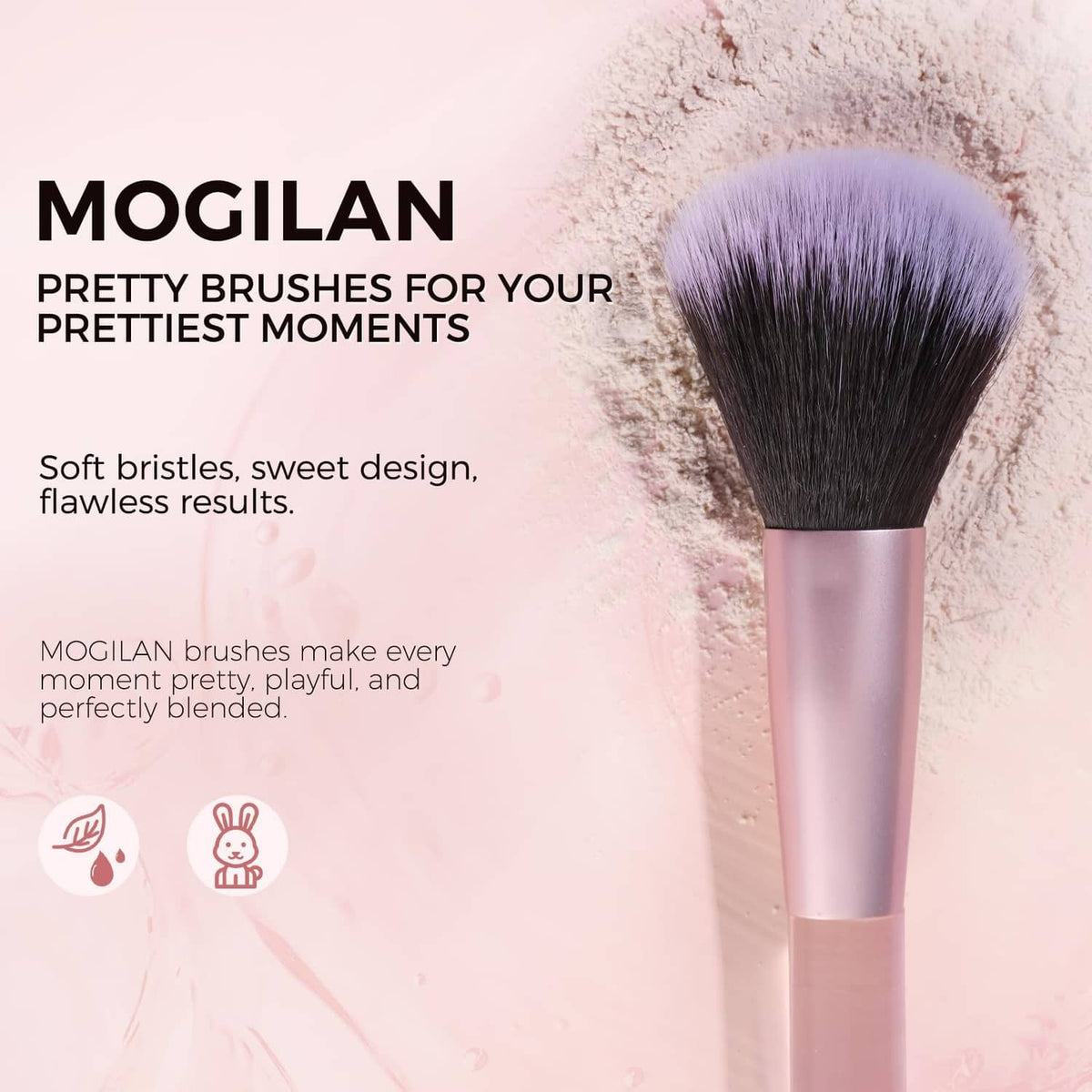 Single travel makeup brush with soft dark bristles and lilac handle in clear collar