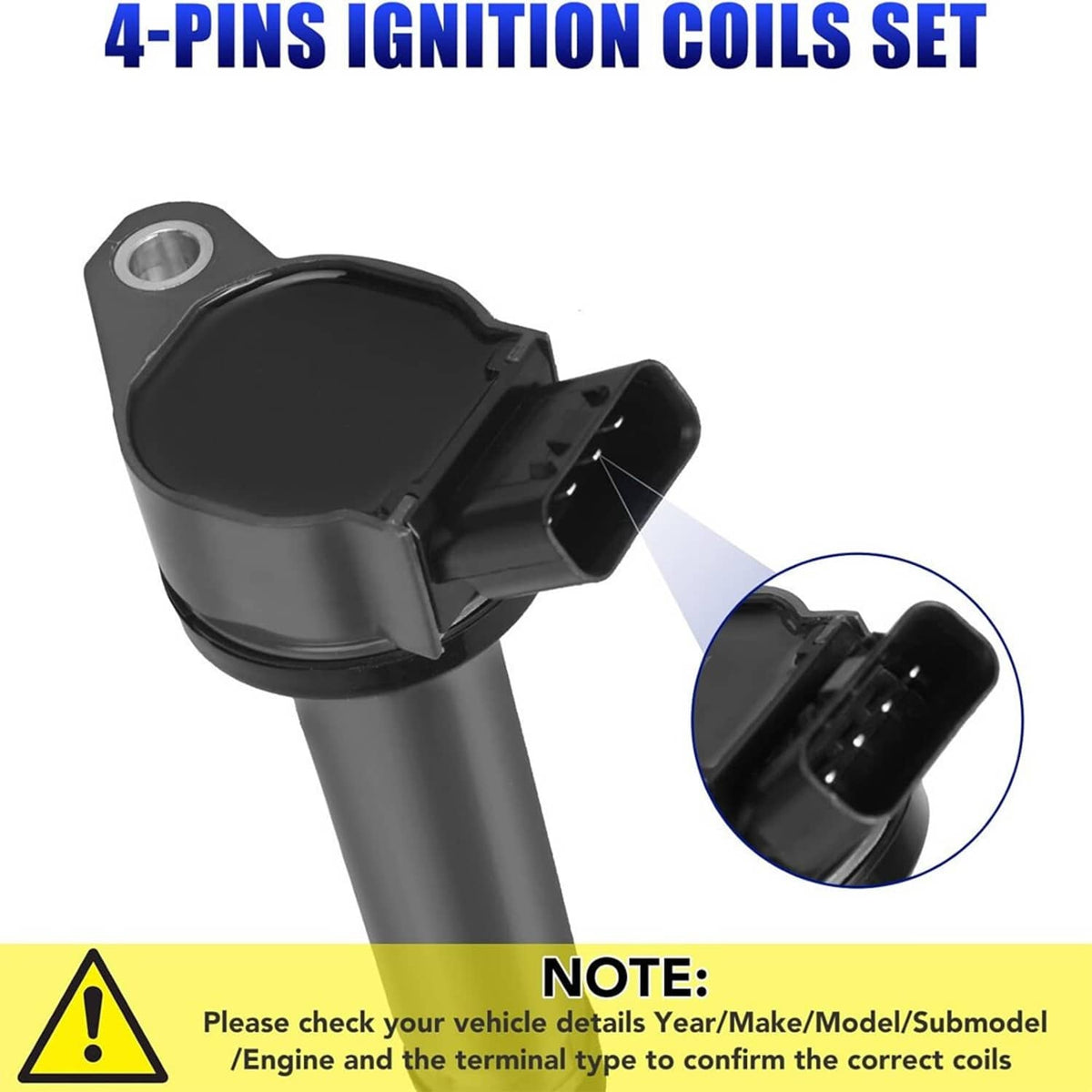 4-pin ignition coil with black housing and multi-pin electrical connector