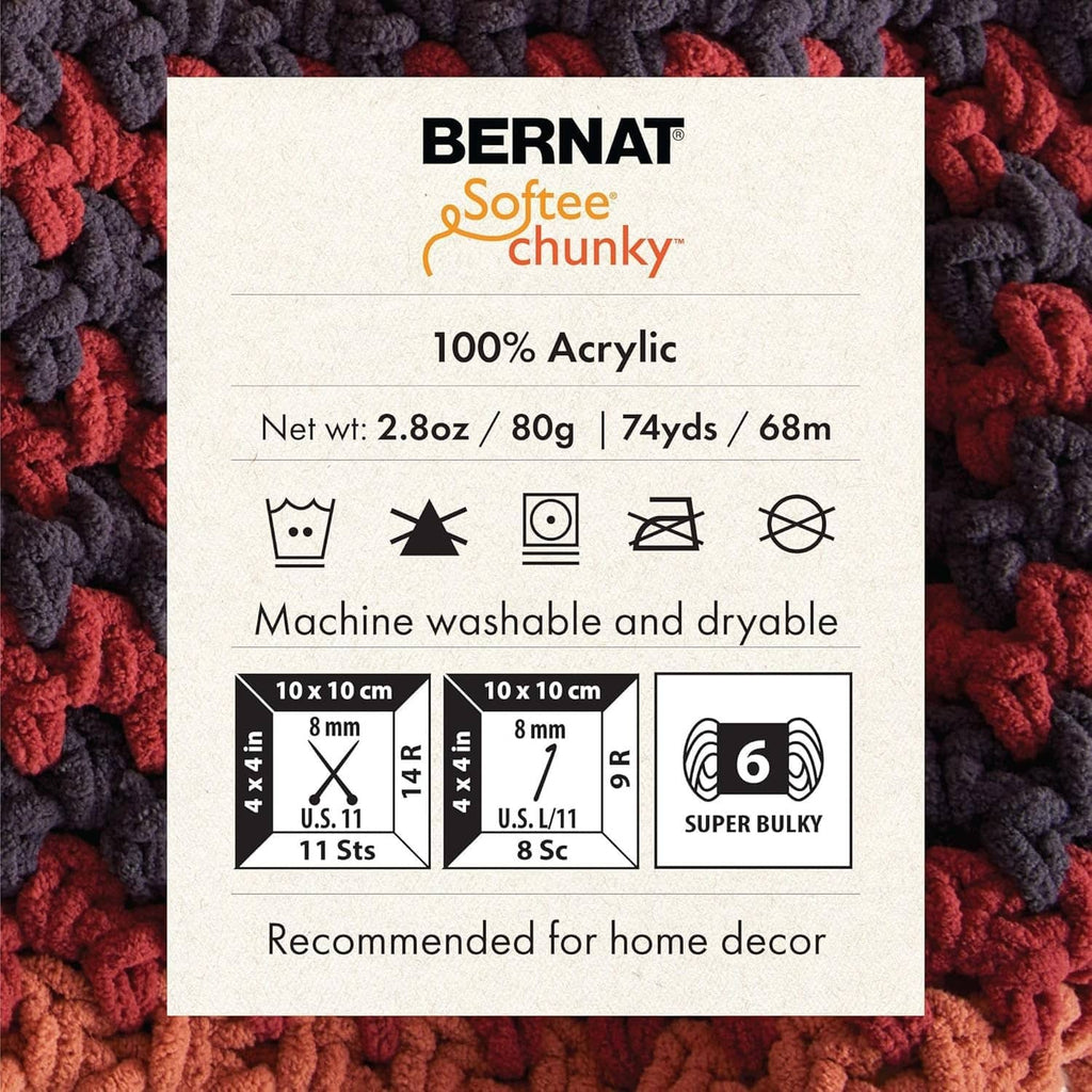 Bernat Softee Chunky yarn label card: 100% acrylic, super bulky, size 6