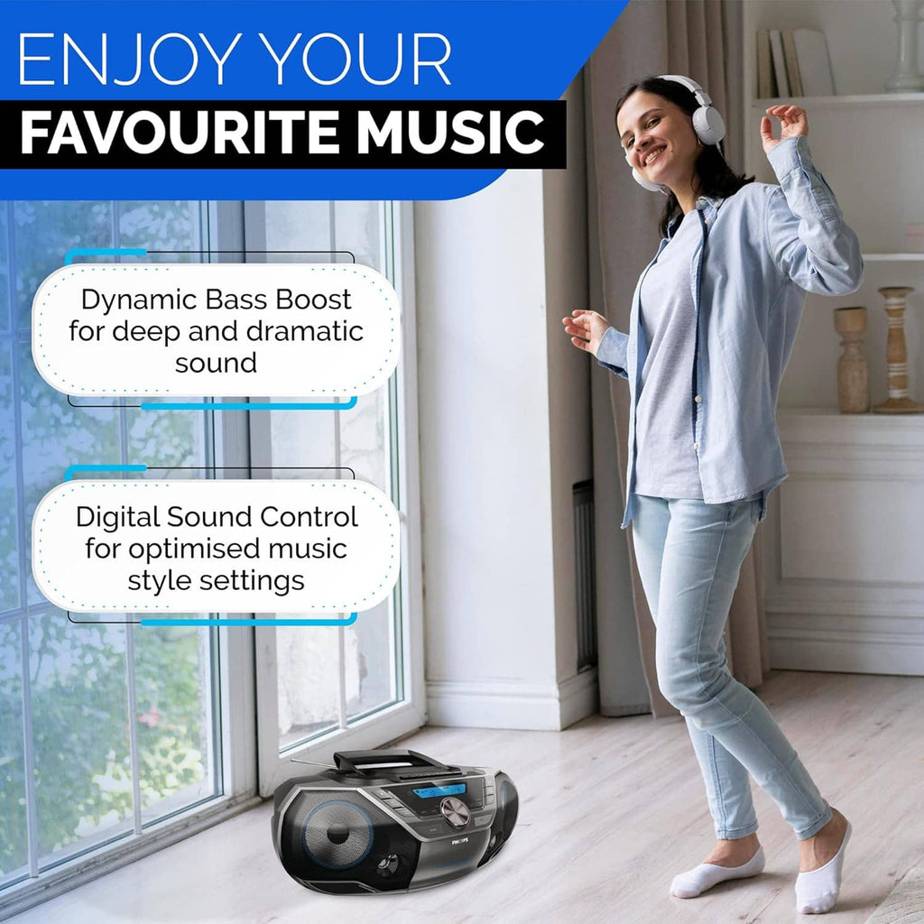 Philips portable CD cassette boombox in-room use with dynamic bass boost styling