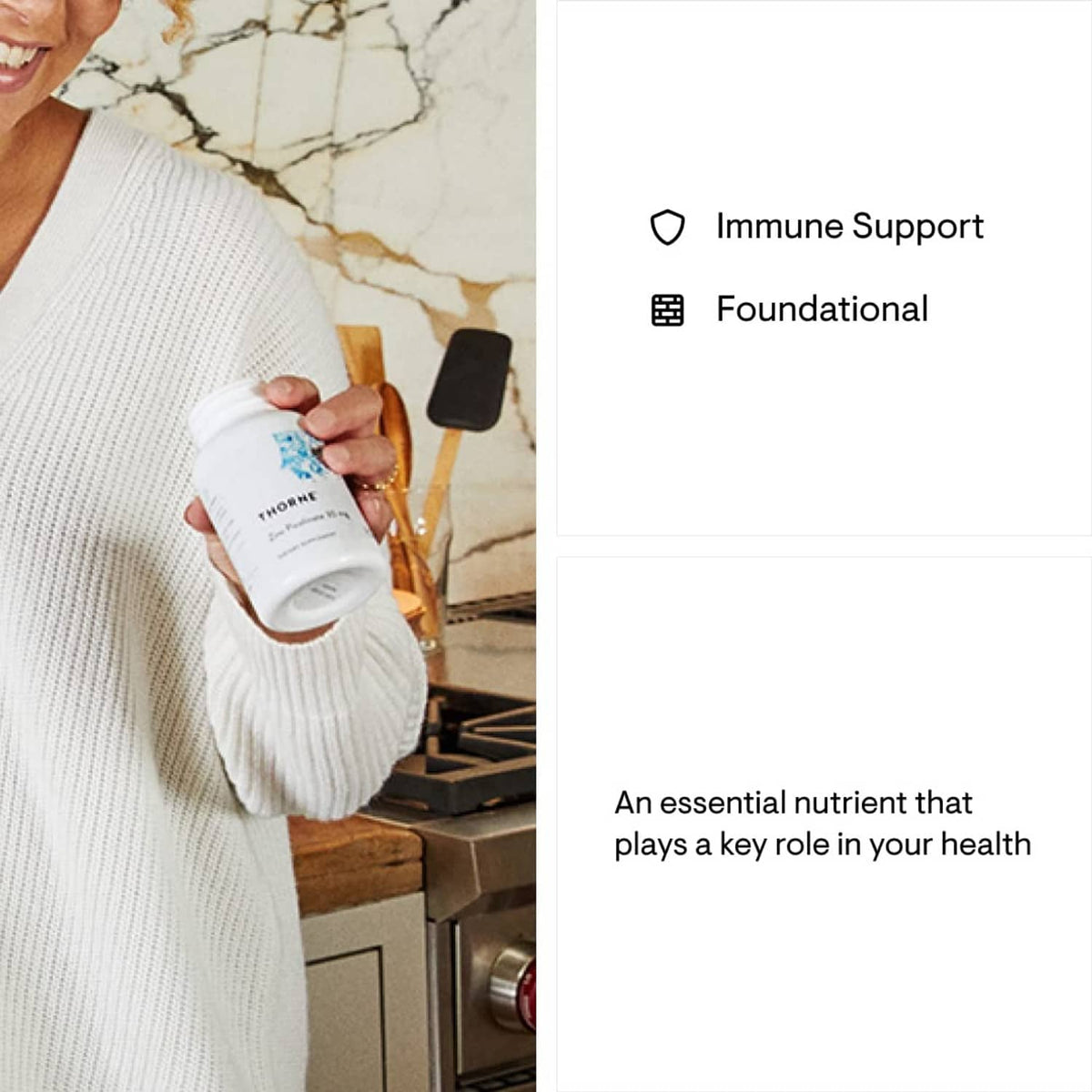 Person holding Thorne zinc supplement bottle in a home kitchen setting