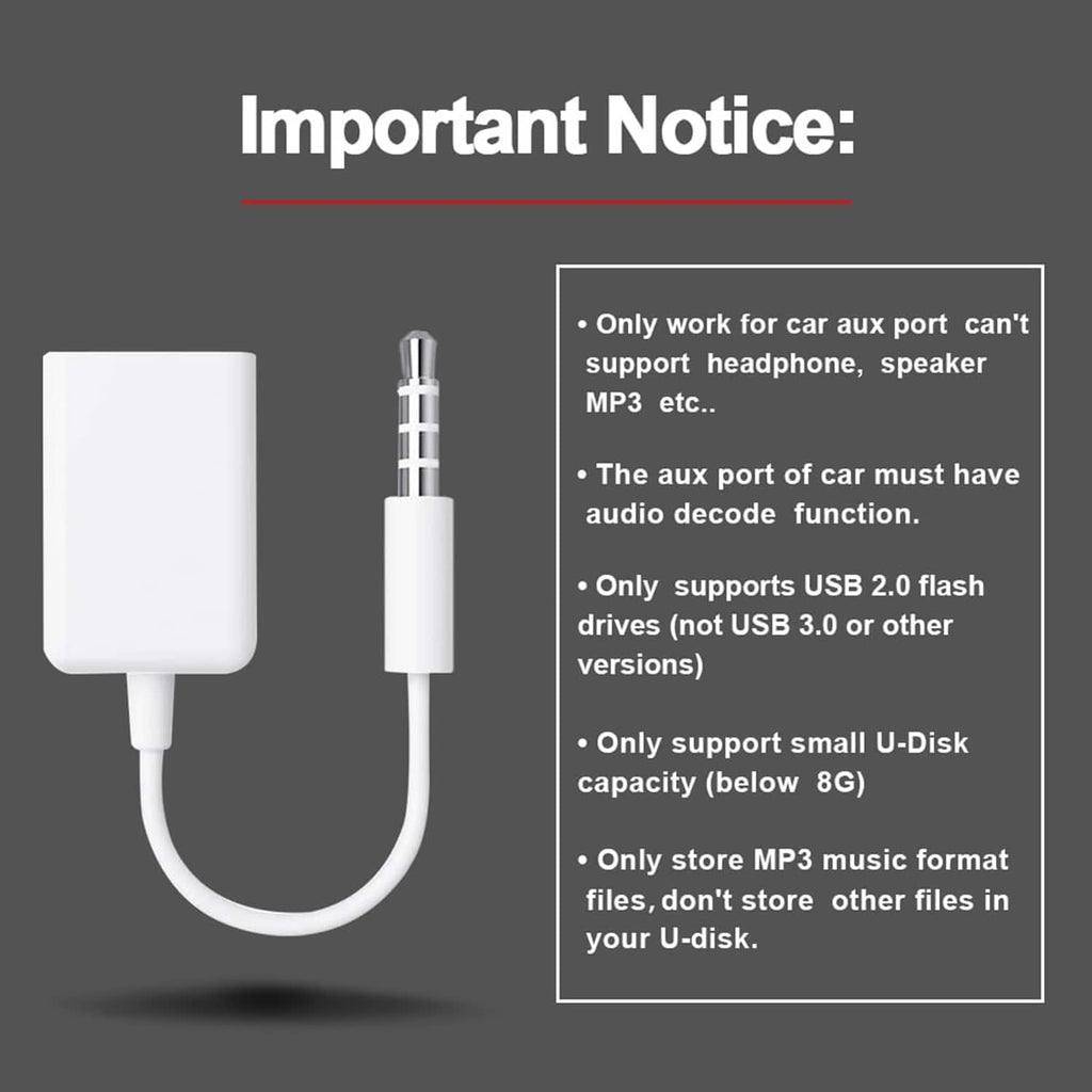 White AUX-to-USB adapter cable with 3.5mm male plug and USB-A female connector
