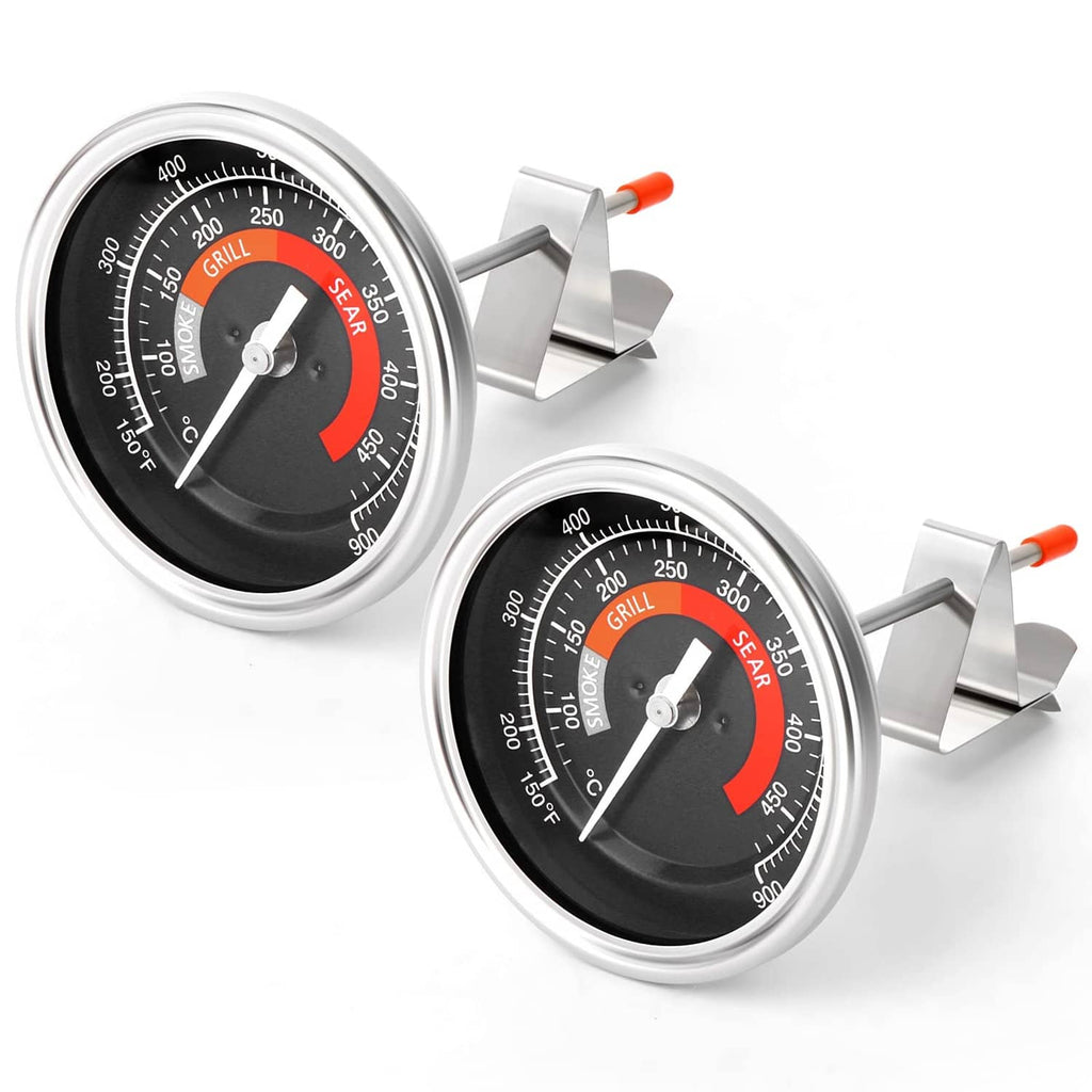 Stainless steel oven thermometer gauge set with two dials and orange-tipped probes