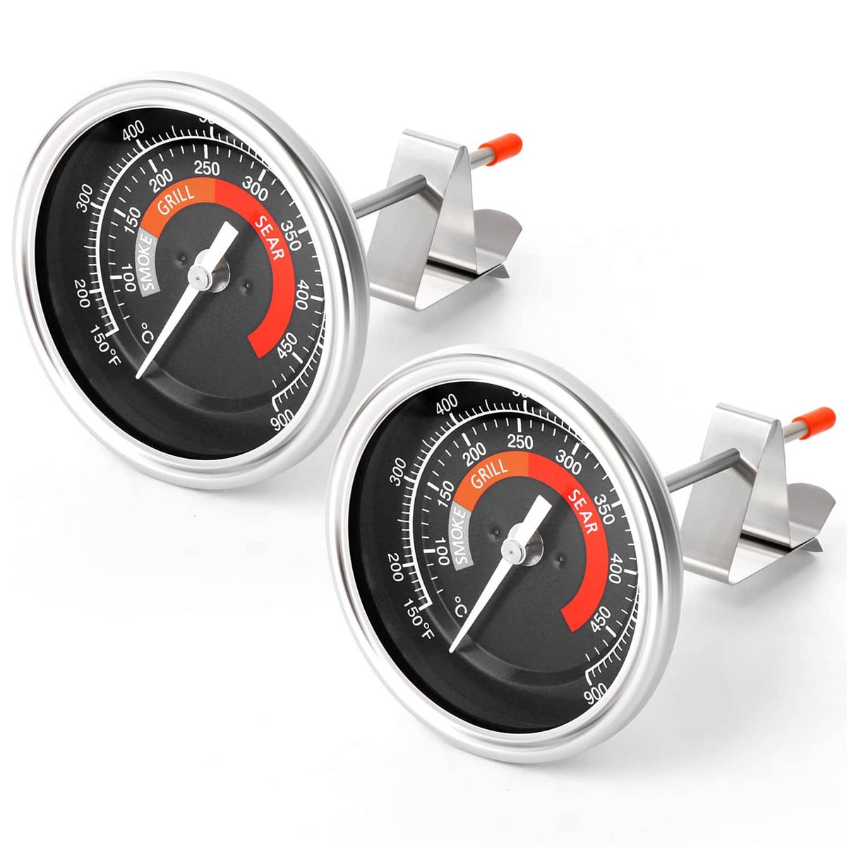 Stainless steel oven thermometer gauge set with two dials and orange-tipped probes