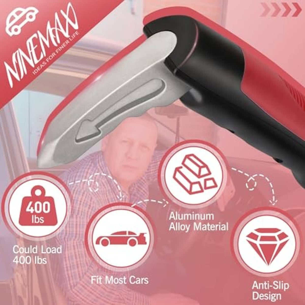 Red and black car door assist handle with aluminum-look silver head and ribbed grip