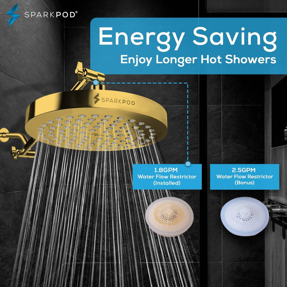 Egyptian gold 8-inch shower head with water flowing from clustered nozzles