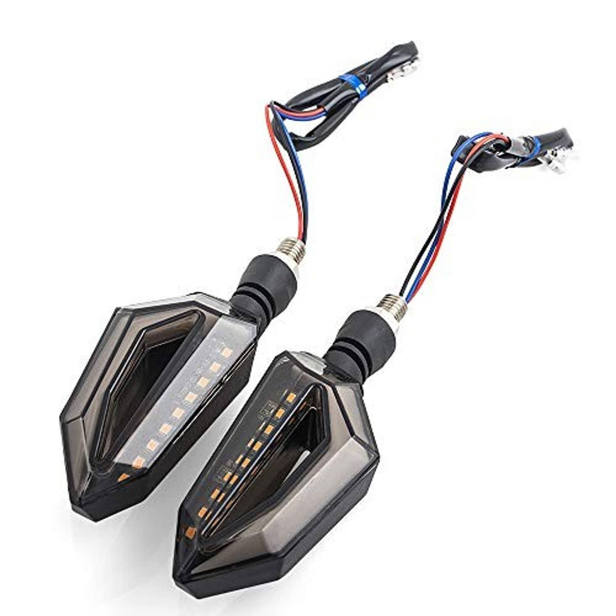 Pair of motorcycle LED turn signals with wiring harness, clear lens, black mounts
