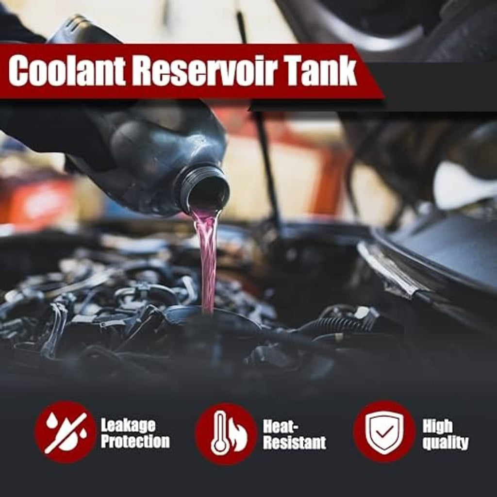Engine coolant reservoir tank with cap opening, pouring coolant into engine bay