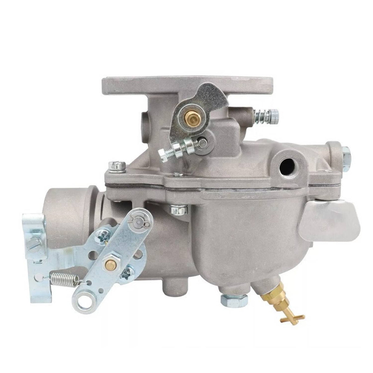 Carburetor assembly with metal body and linkage arm, plus inlet fitting