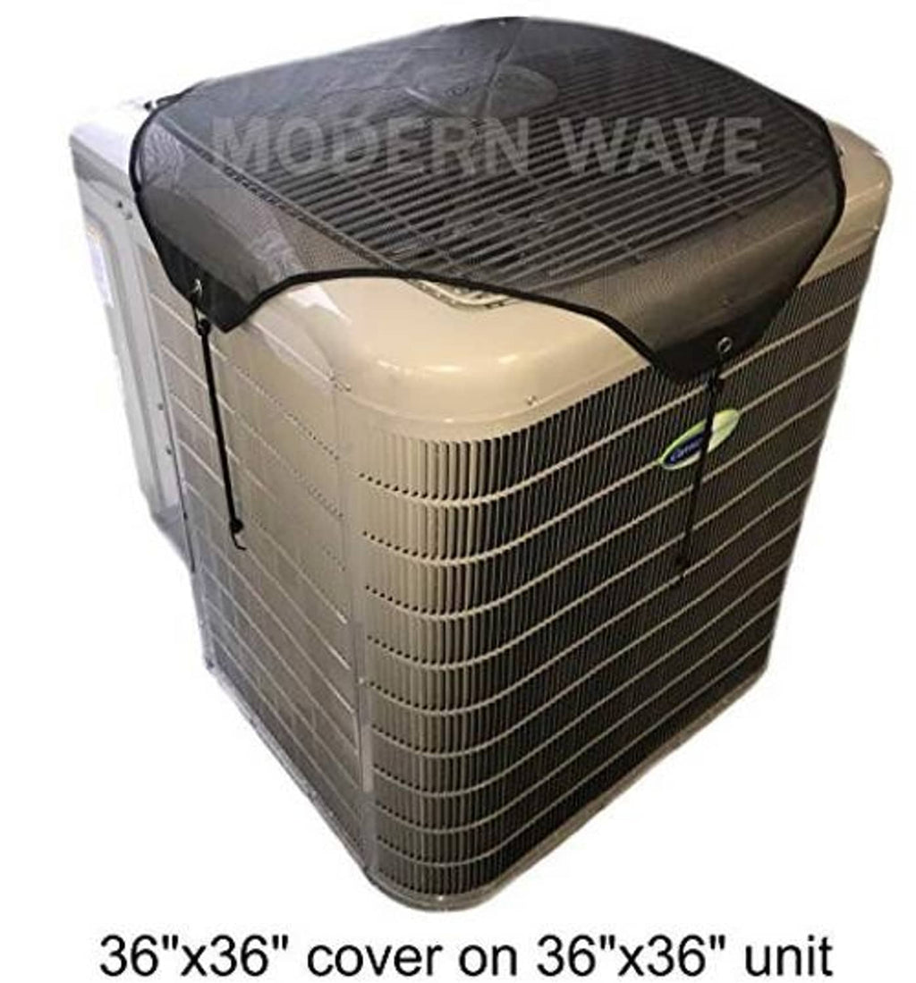 Square outside AC cover on tan condenser with dark mesh top and elastic straps