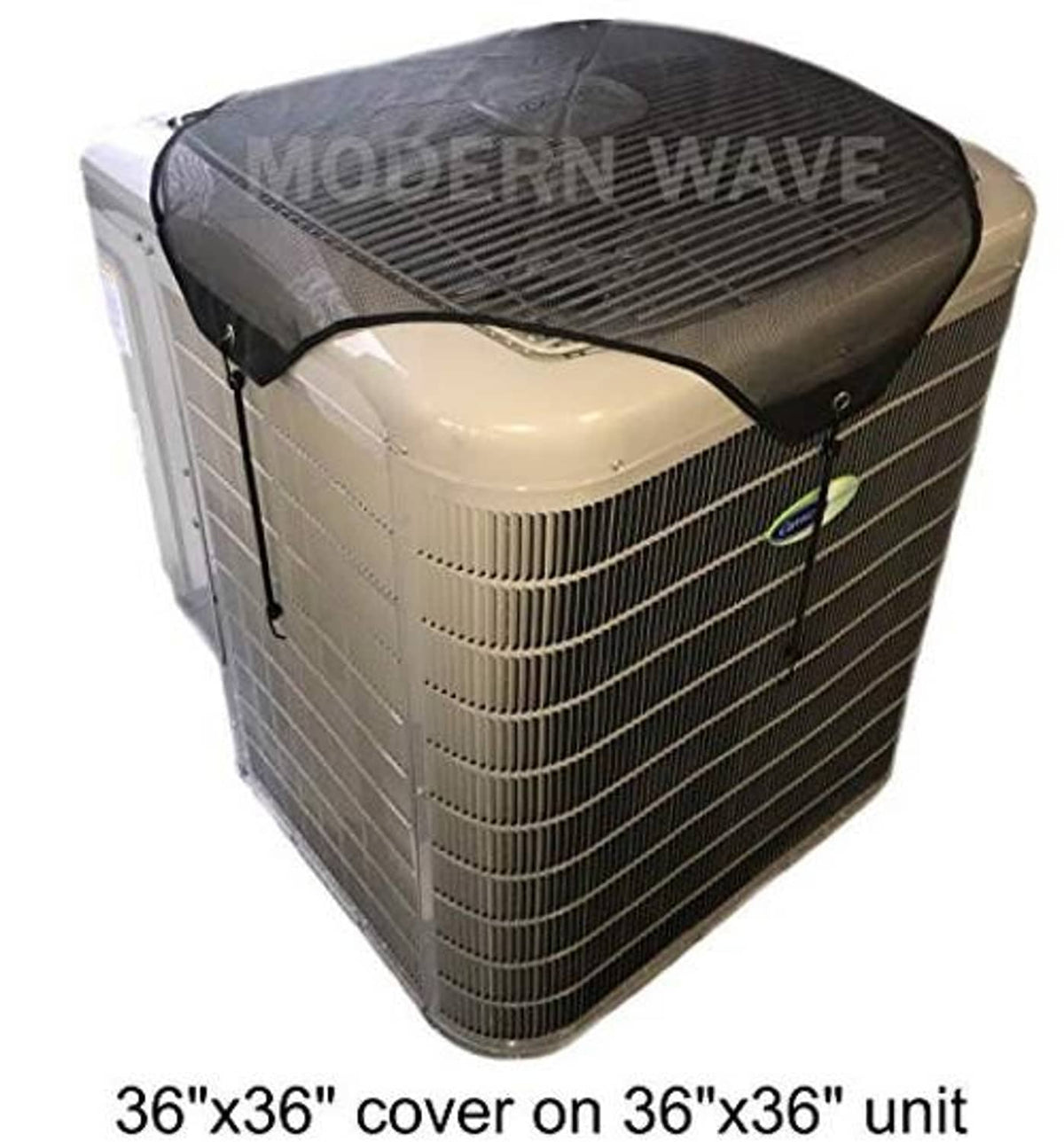 Square outside AC cover on tan condenser with dark mesh top and elastic straps