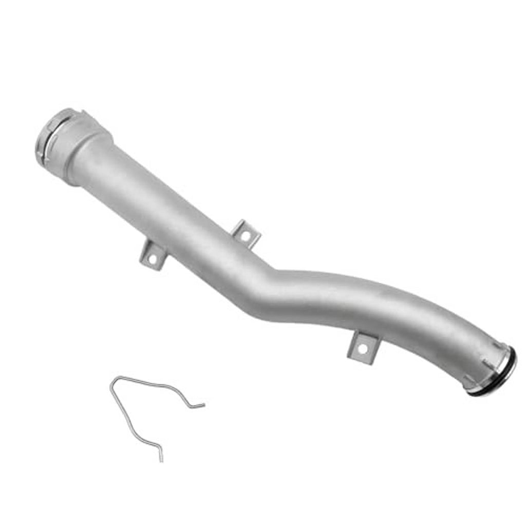 Curved aluminum coolant pipe with mounting brackets and sealed end, silver