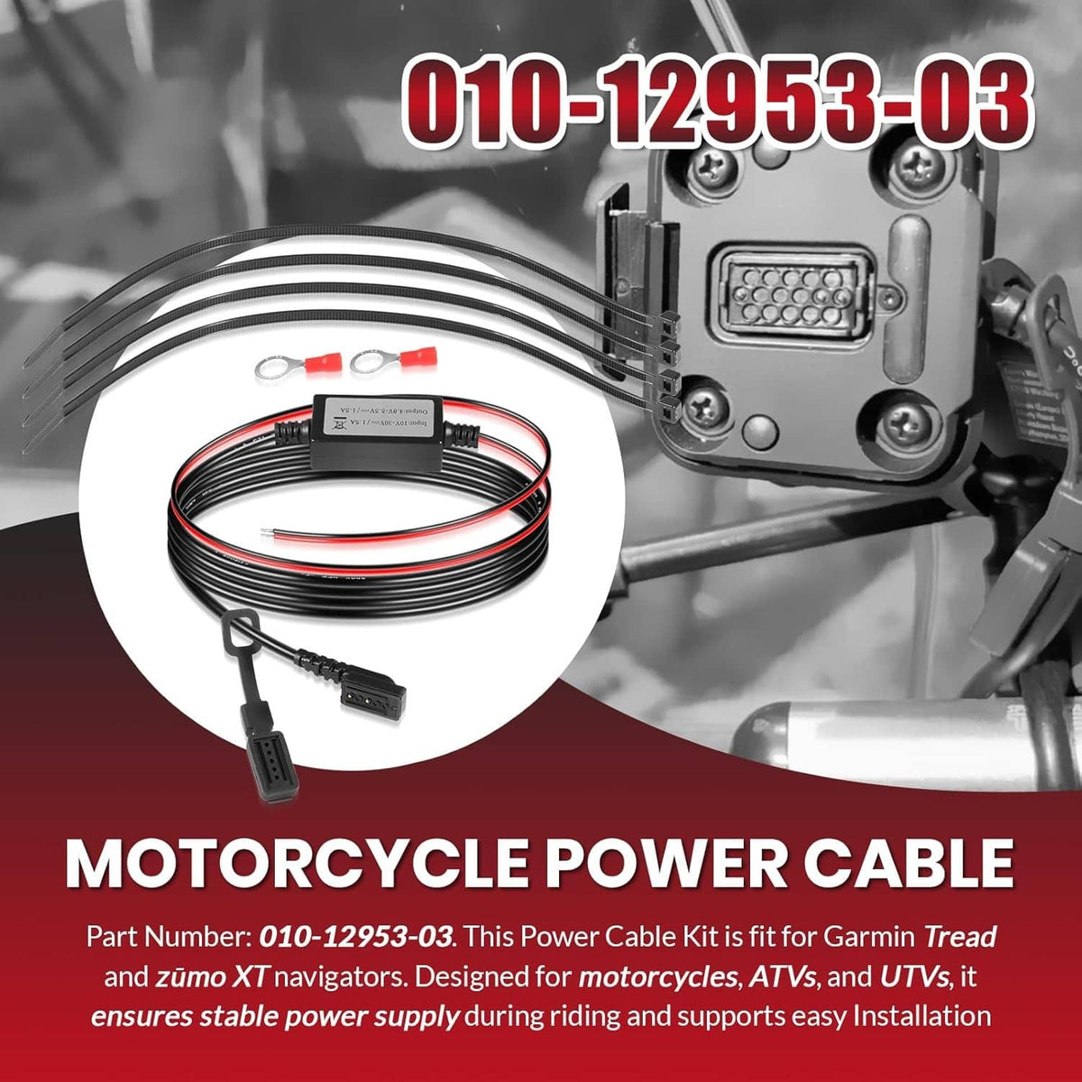 Motorcycle power cable kit with coiled black/red wires and multi-pin connection plugs