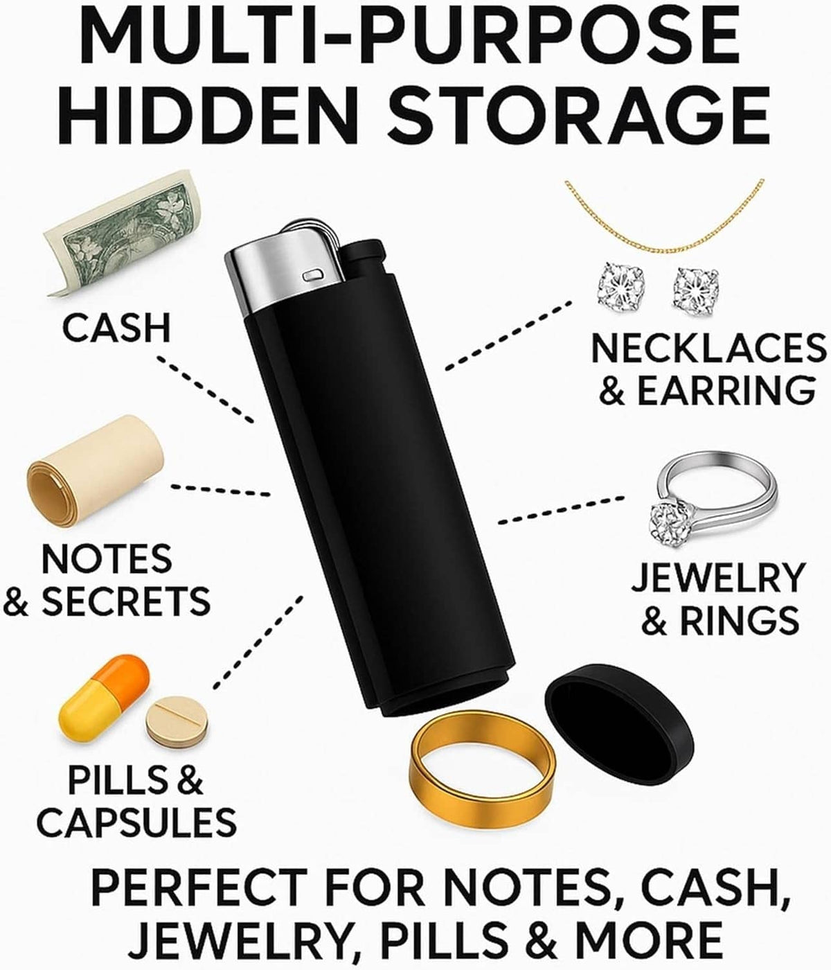 Black diversion lighter with hidden storage; shown with cash, notes, pills, and jewelry.