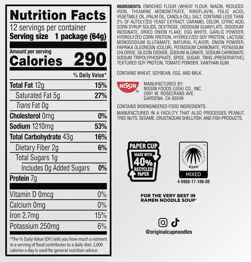 Cup Noodles nutrition facts and ingredients panel for spicy birria beef