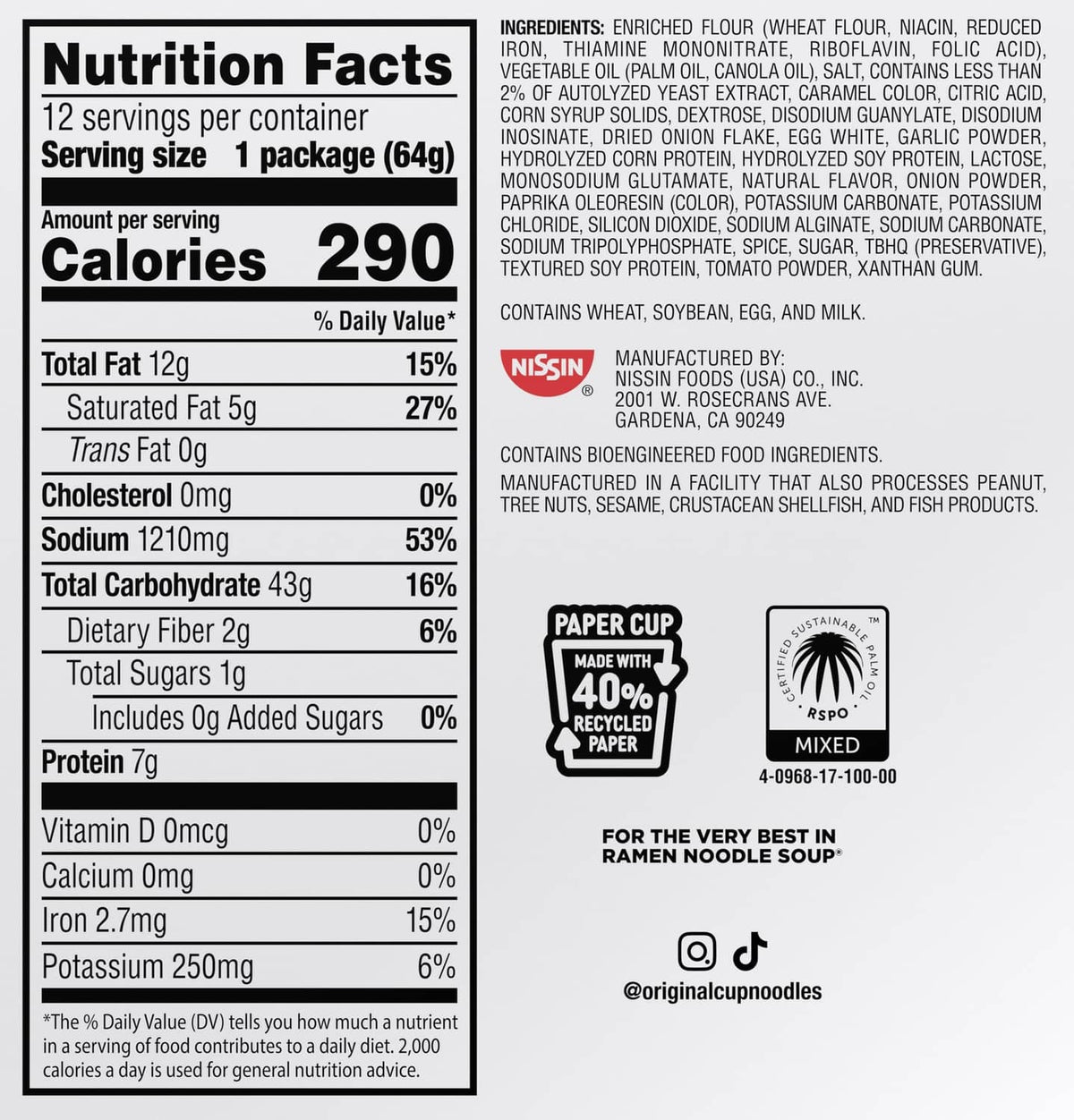 Cup Noodles nutrition facts and ingredients panel for spicy birria beef