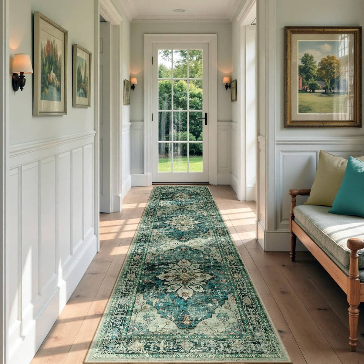 Rectangular vintage dark blue area rug with ornate floral pattern running down hallway