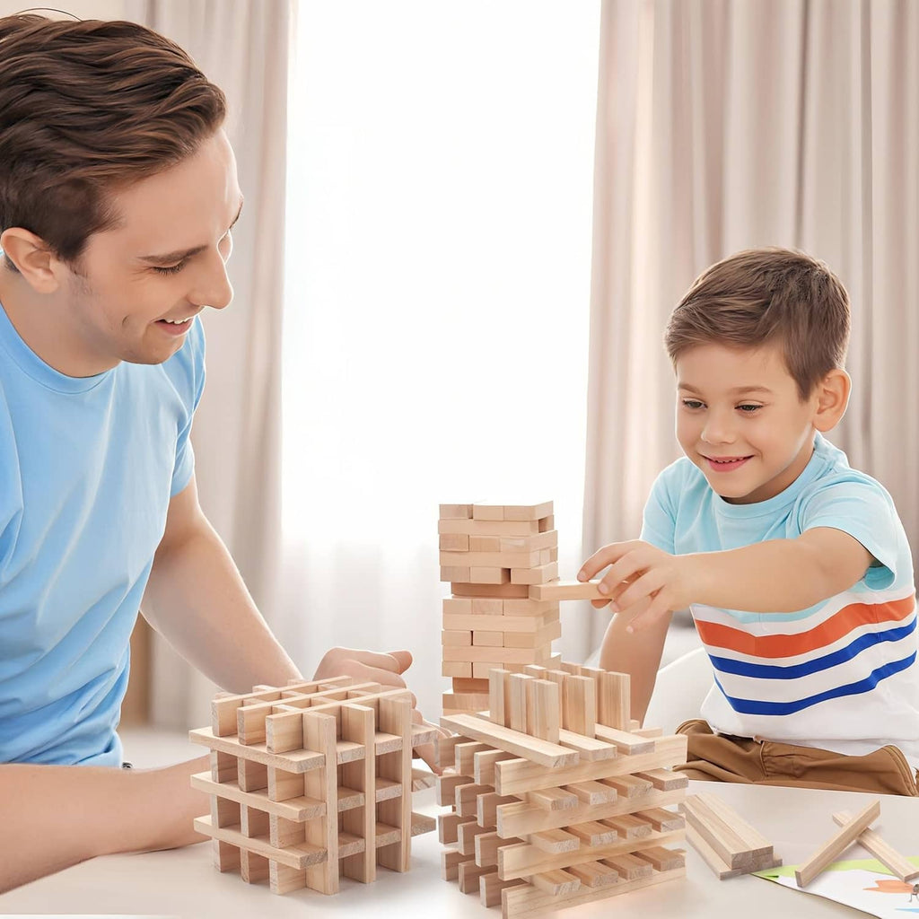 Light wood building slats and square dowel sticks for stacking toy constructions