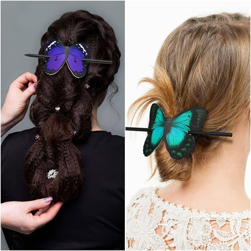Butterfly hair clips in hair: purple butterfly on dark hair and teal on blonde