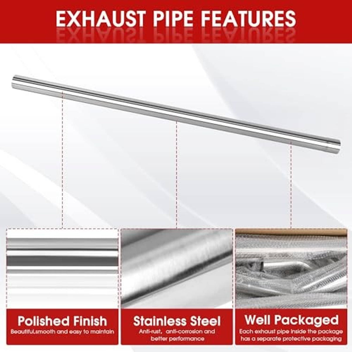 Stainless steel exhaust pipe with polished finish and smooth tube surface