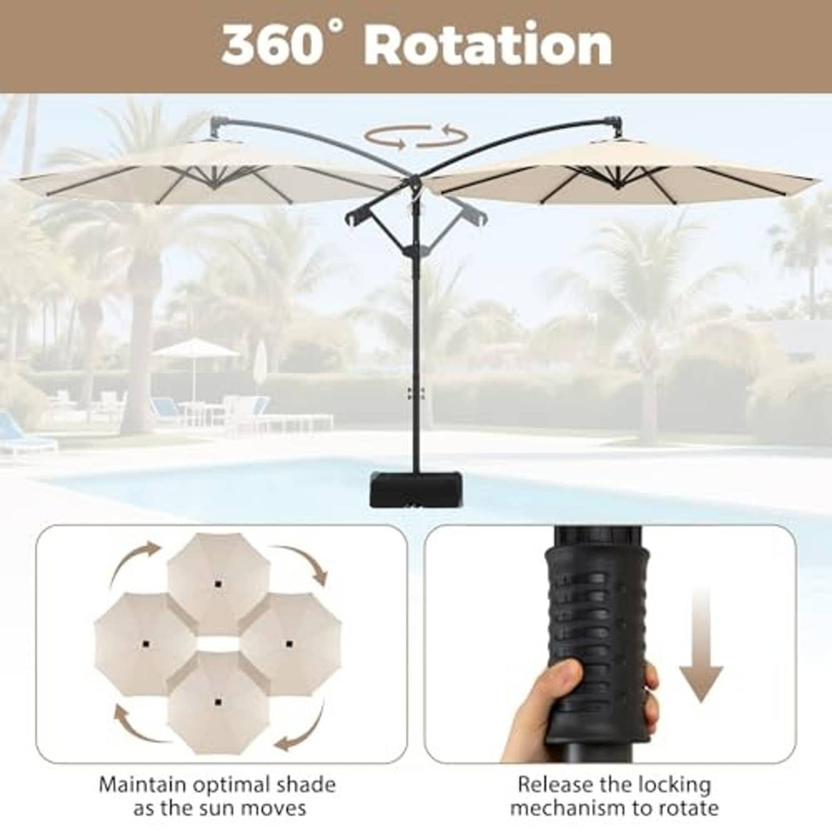 Offset cantilever umbrella with beige canopy and black rotating hub on tall pole