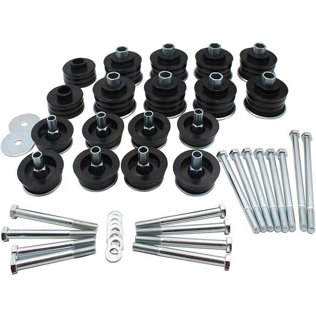 Cab mount bushing kit set with black bushings, washers, and silver bolts with studs