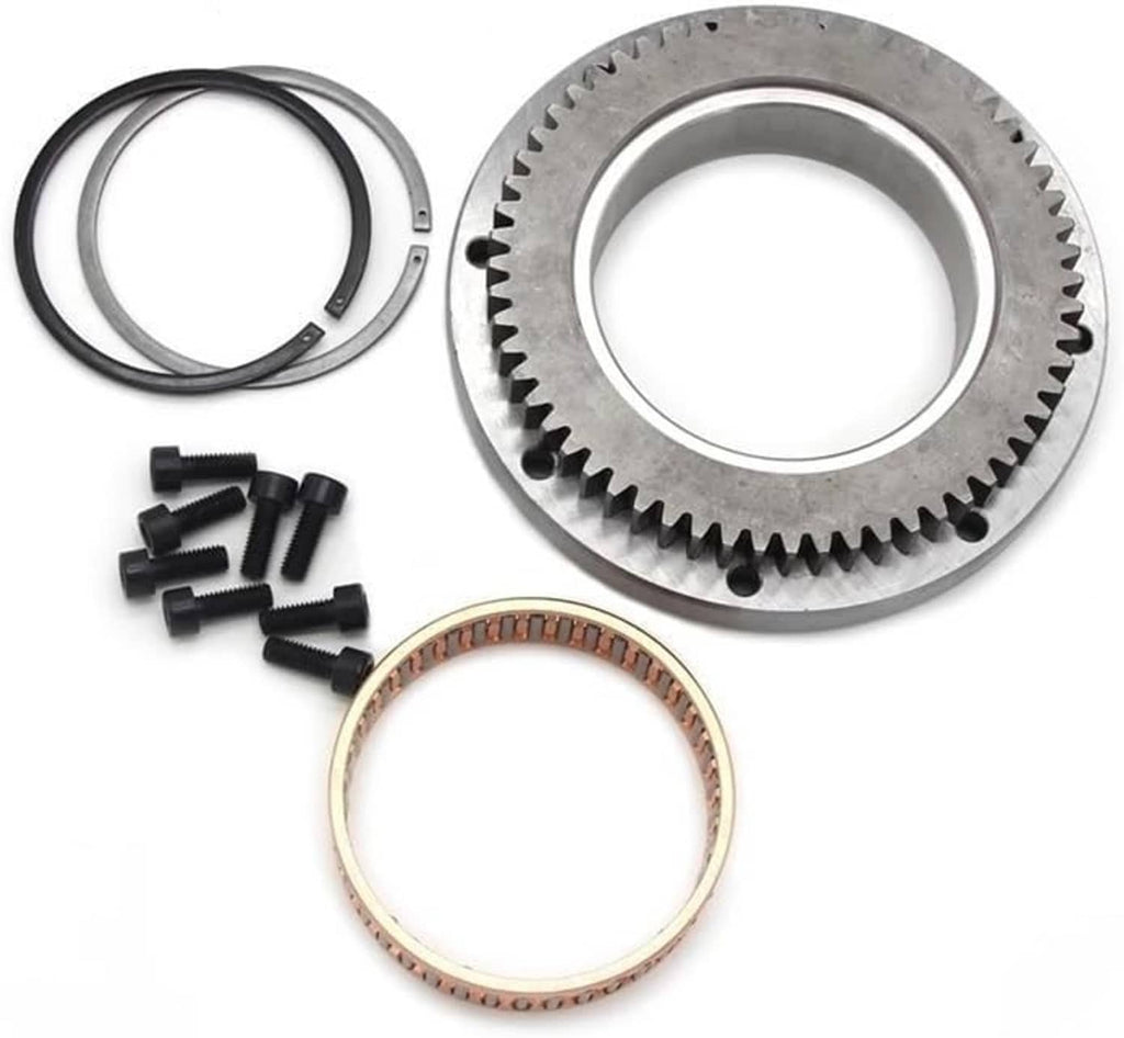 Clutch puller kit: large steel gear, copper-toned ring, O-rings, and black screws.