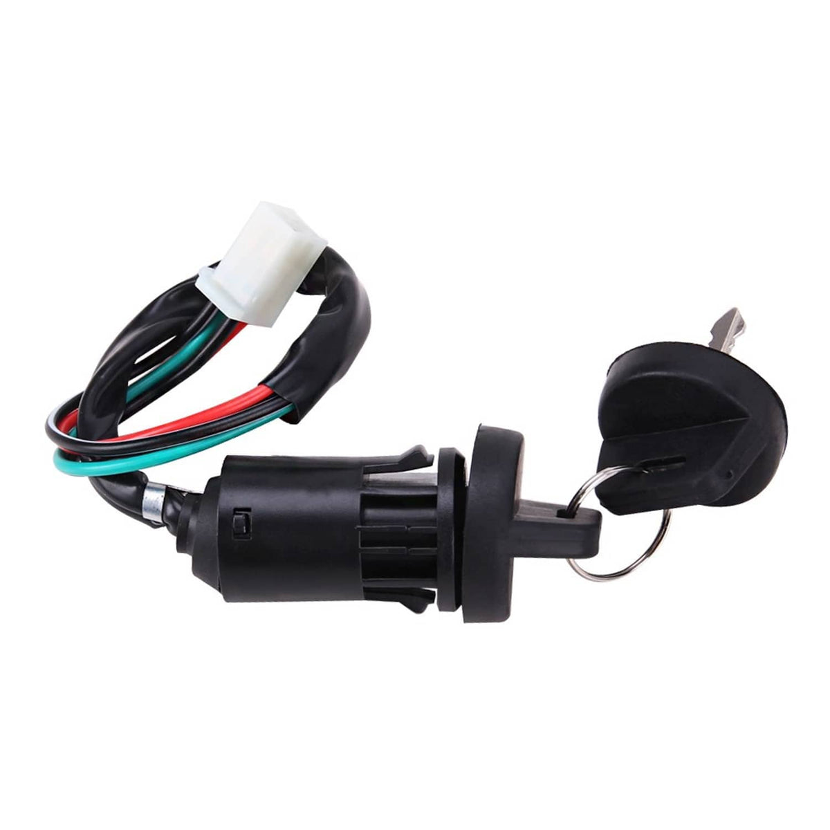 Ignition key switch with 4-wire harness, black housing and two wire connectors