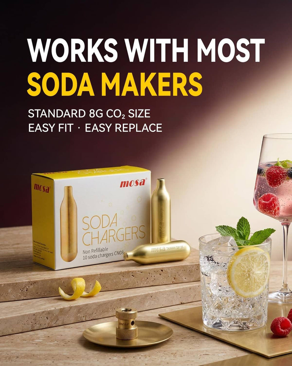 Mosa CO2 soda charger 10-pack, gold cartridges and box with loose canisters