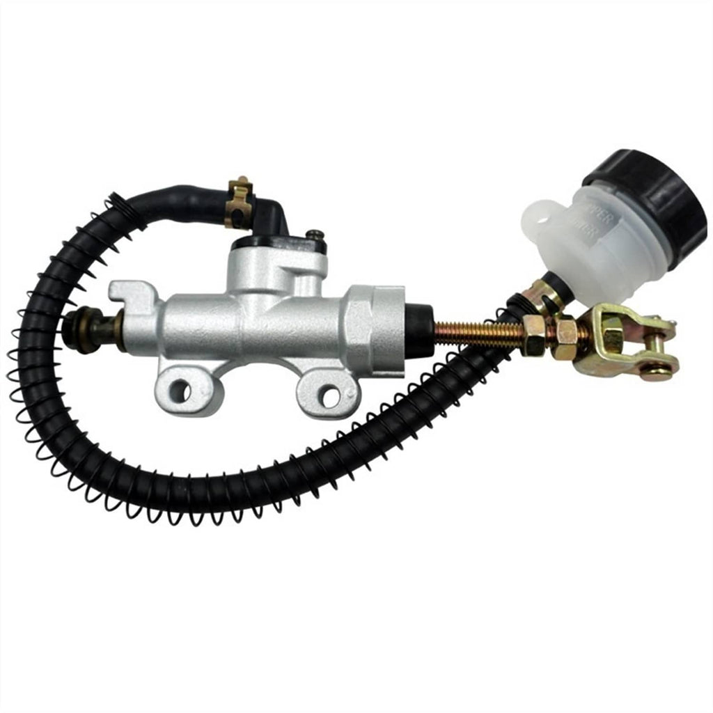 Rear brake master cylinder pump with silver housing, reservoir, and coiled black brake line