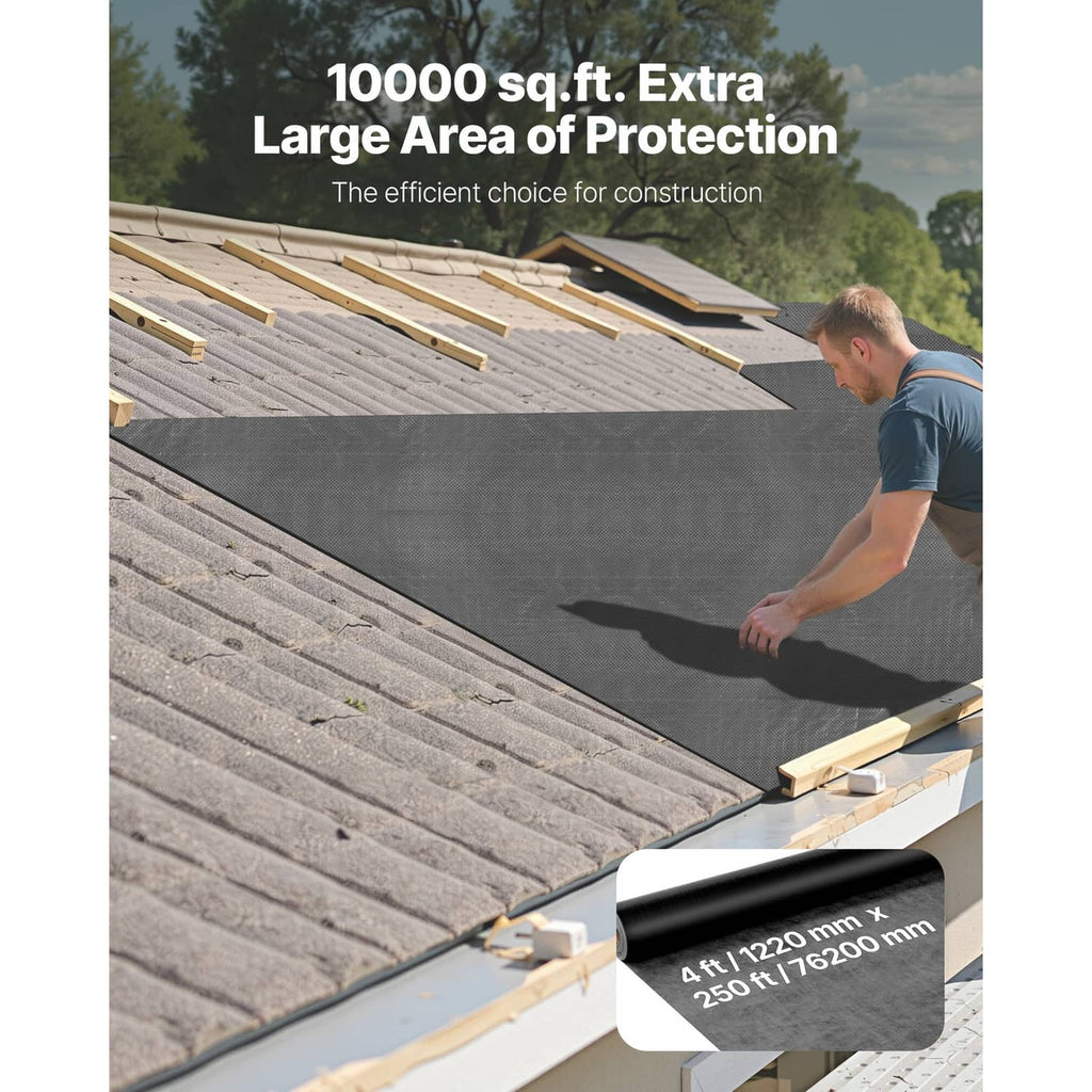 Black house wrap sheet installed on roof decking, vapor barrier covering under shingles