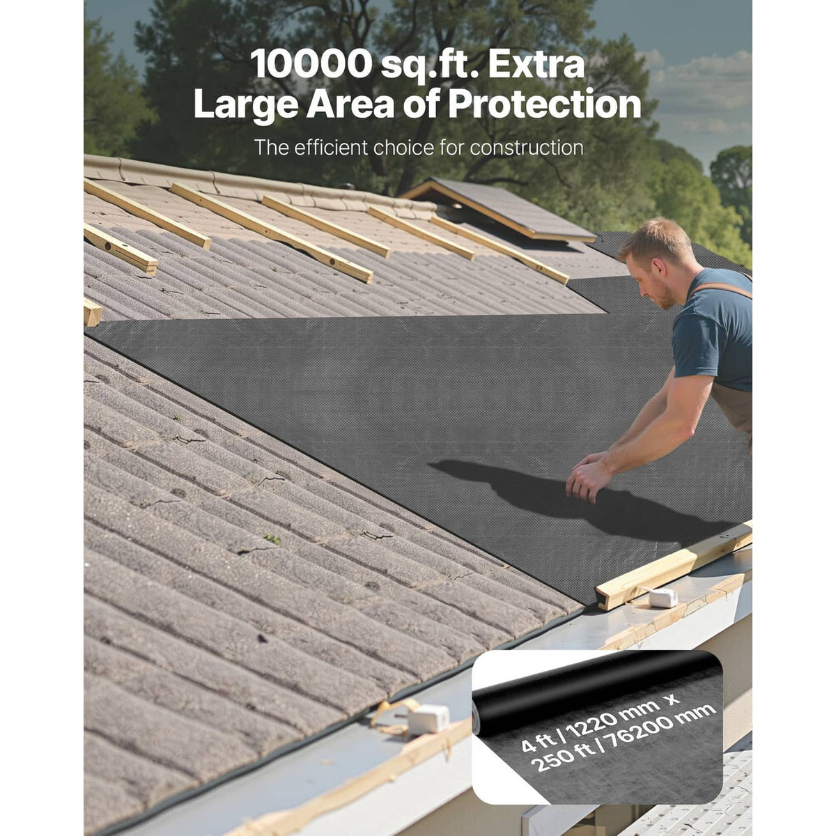 Black house wrap sheet installed on roof decking, vapor barrier covering under shingles