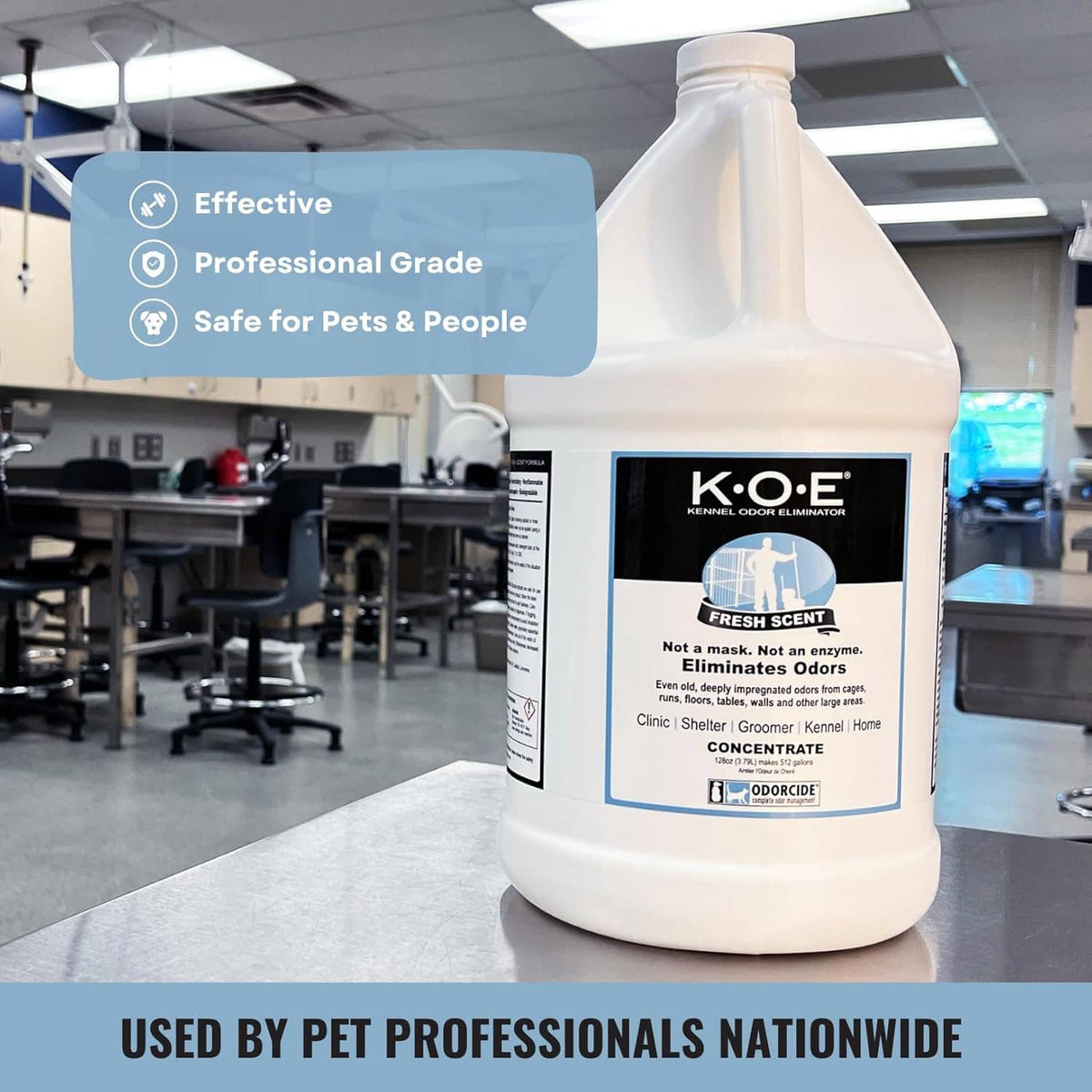 K.O.E odor eliminator concentrate bottle on tabletop in a commercial setting
