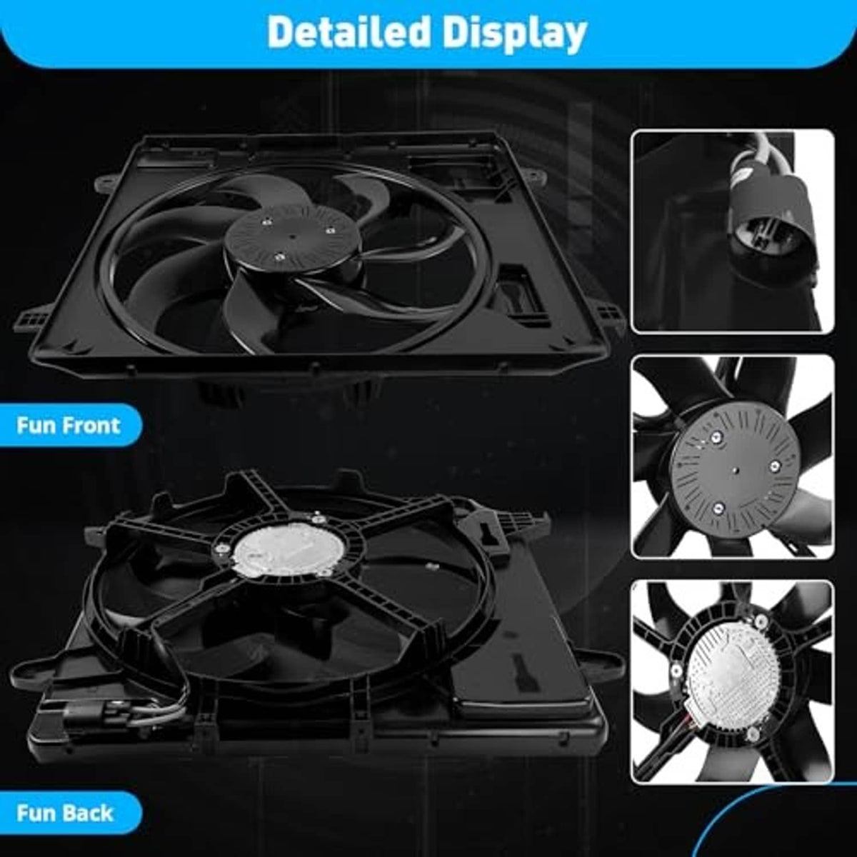 Radiator fan assembly with black frame and detachable fan detail view