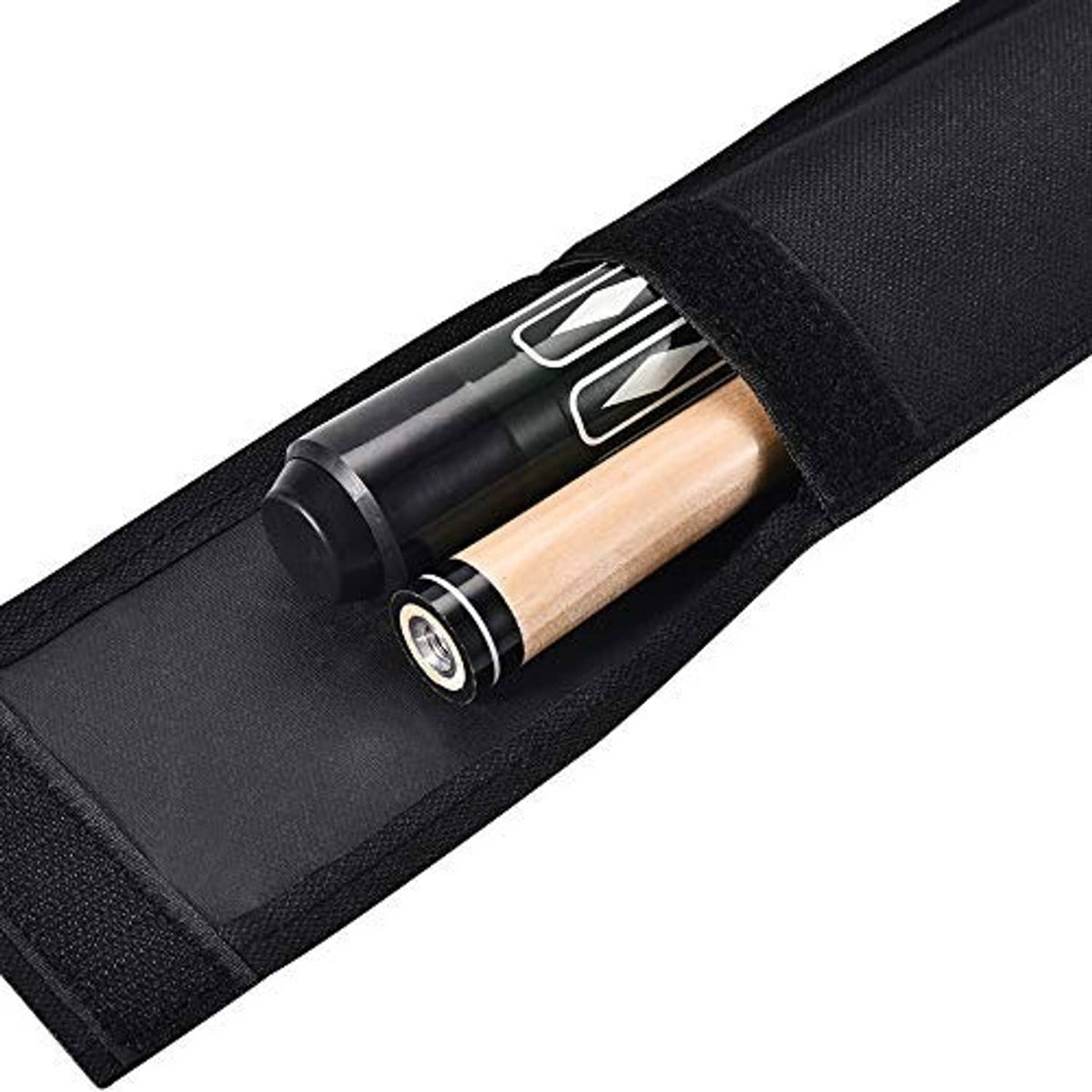 Black cue case with interior lining, holding a pool cue stick.