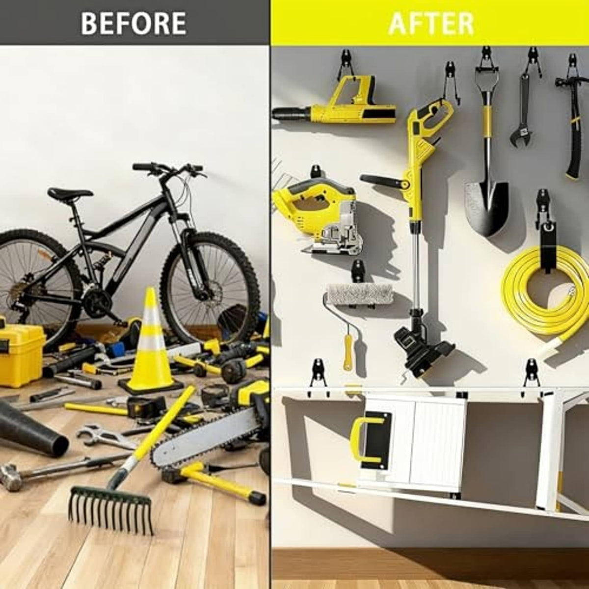 Garage wall organization with black hooks holding tools, multi-hook set on a wall