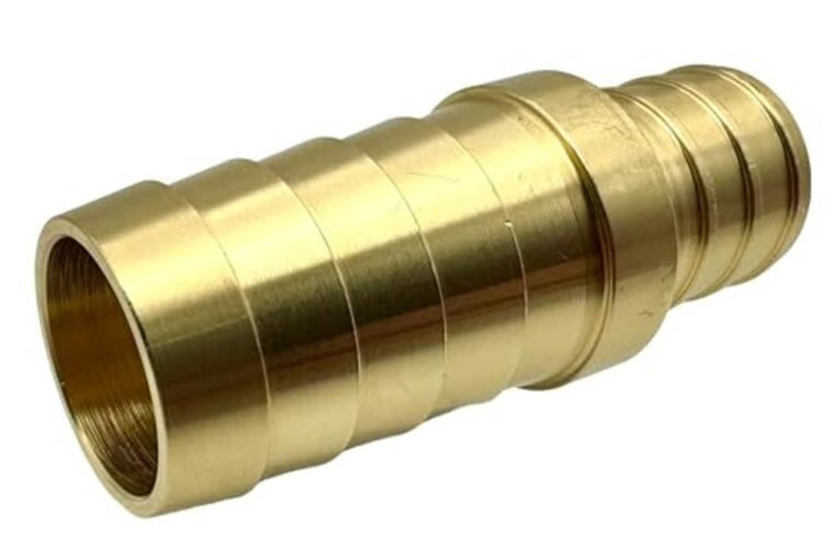 Brass 3/4" PEX-to-hose barb adapter, open end with visible threading and barbs