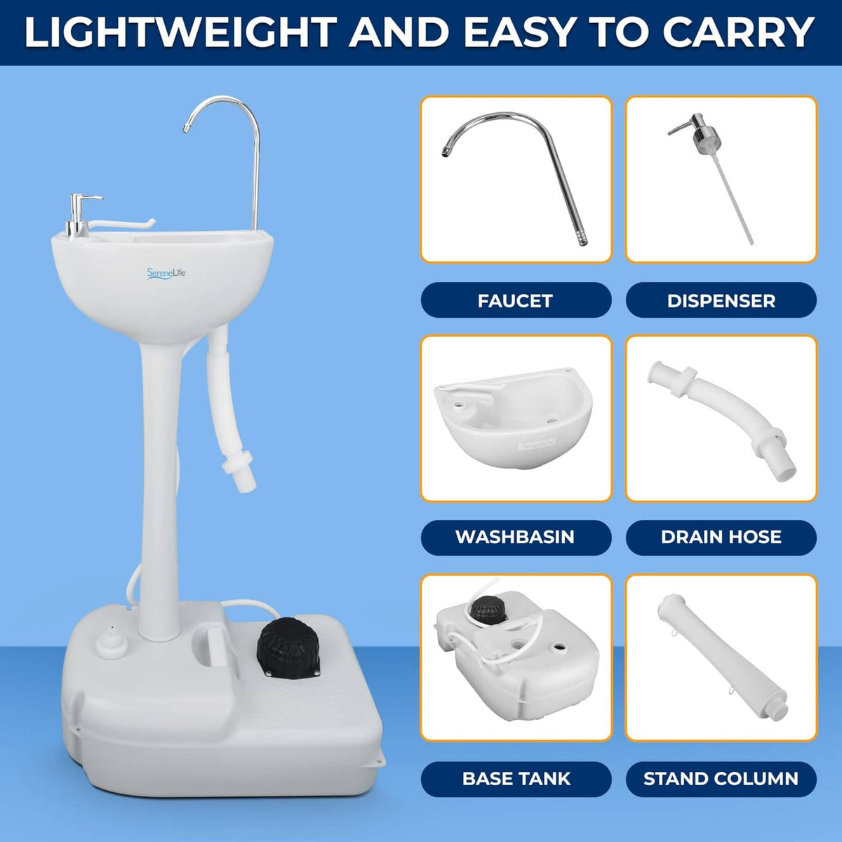 White portable hand wash sink station with stand, faucet, dispenser, and drain hose parts