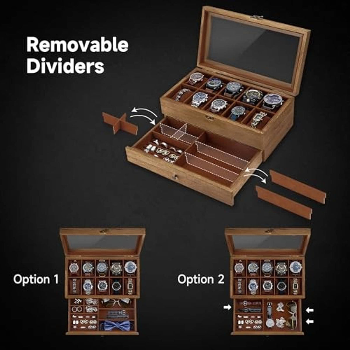 Walnut watch storage case with removable dividers and 10-slot interior for watches