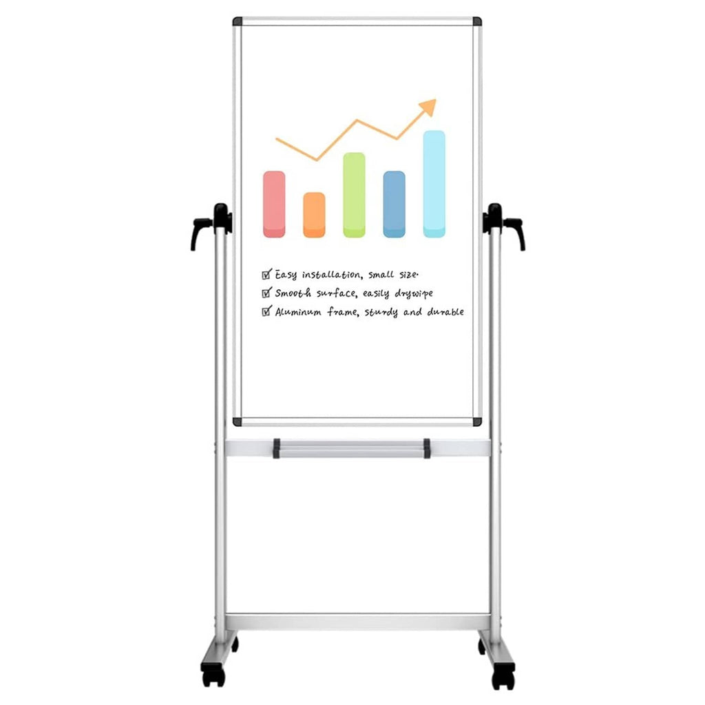 Mobile double-sided magnetic whiteboard with stand and caster wheels.