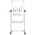 Mobile double-sided magnetic whiteboard with stand and caster wheels.