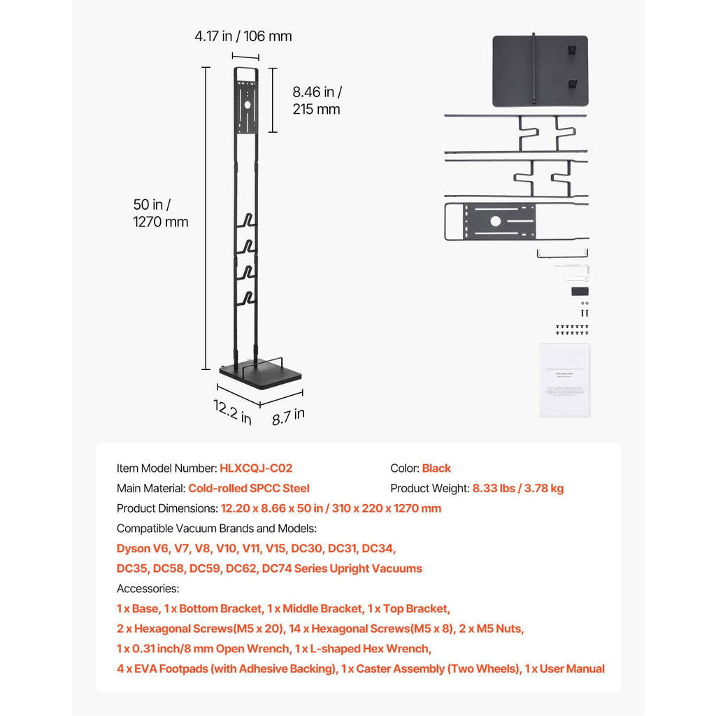 Vacuum stand parts diagram with vertical rail, flat base, and included brackets
