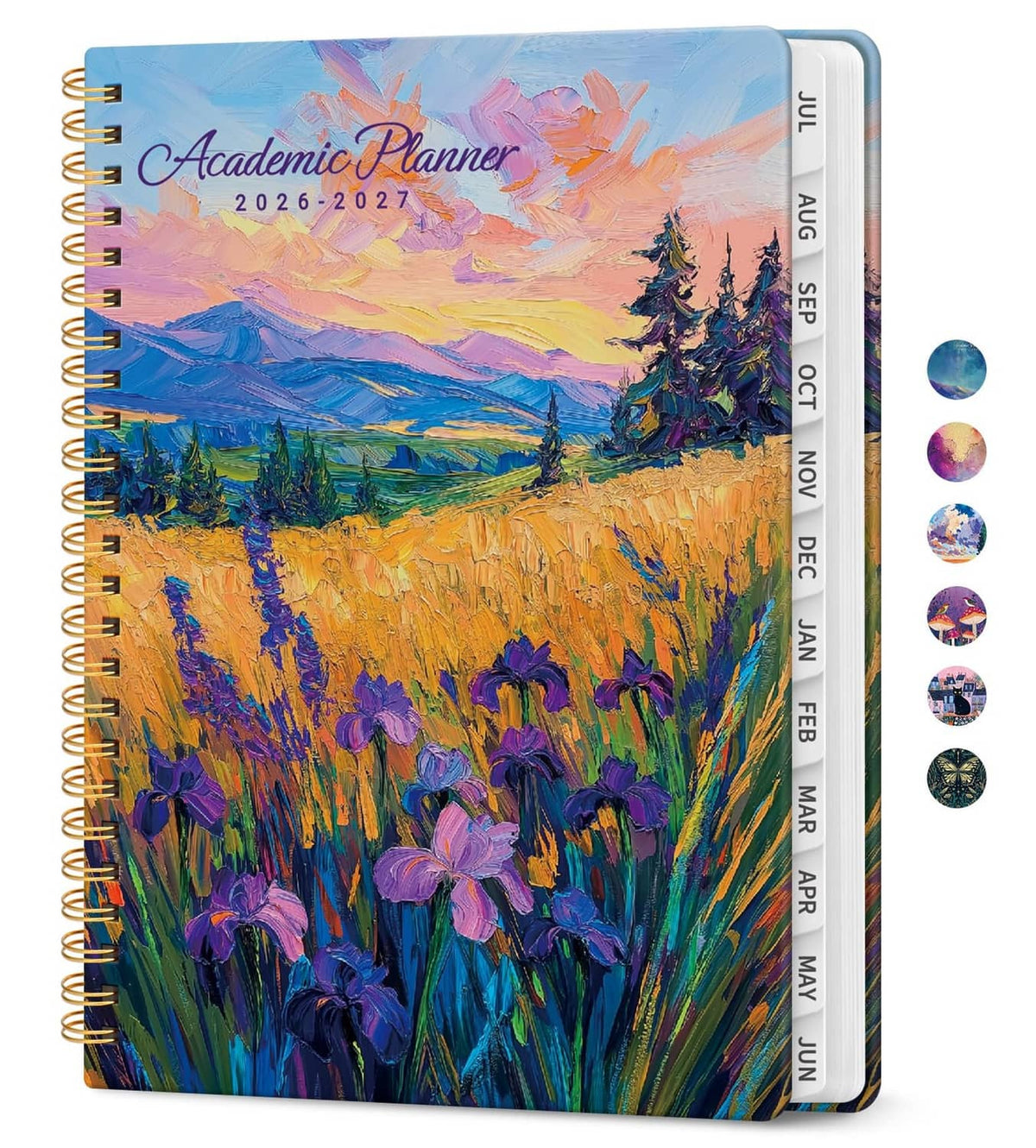 Academic planner with spiral binding and colorful wildflower landscape cover, 2026–2027