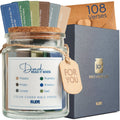 Navy blue Bible verse jar gift set with glass jar, blue label, and kraft 'for you' tag.