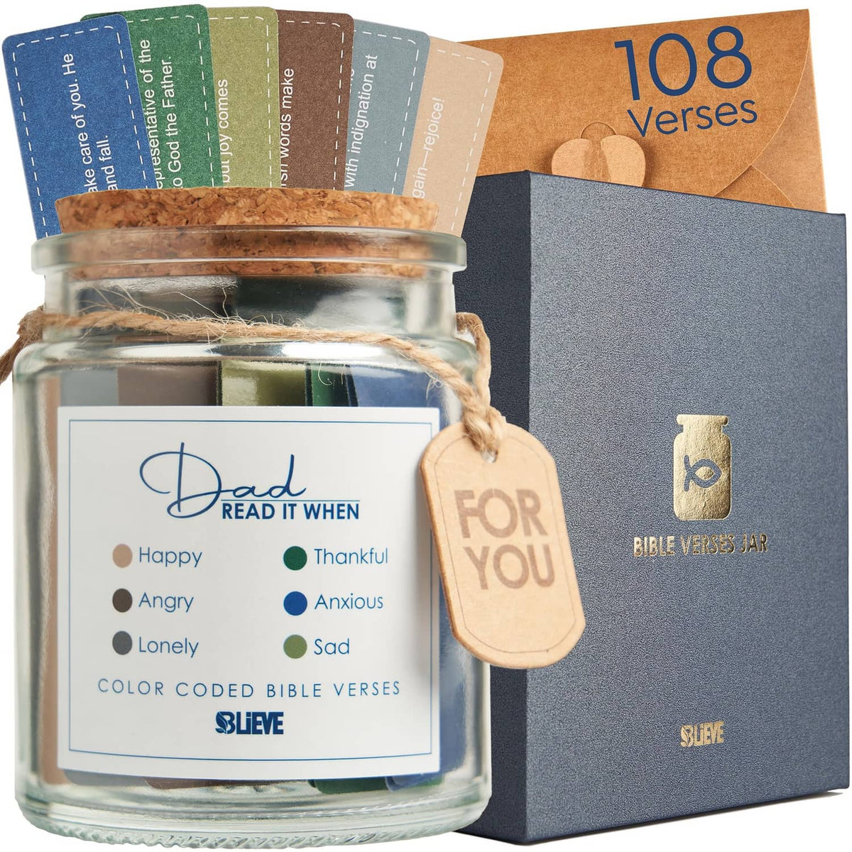 Navy blue Bible verse jar gift set with glass jar, blue label, and kraft 'for you' tag.