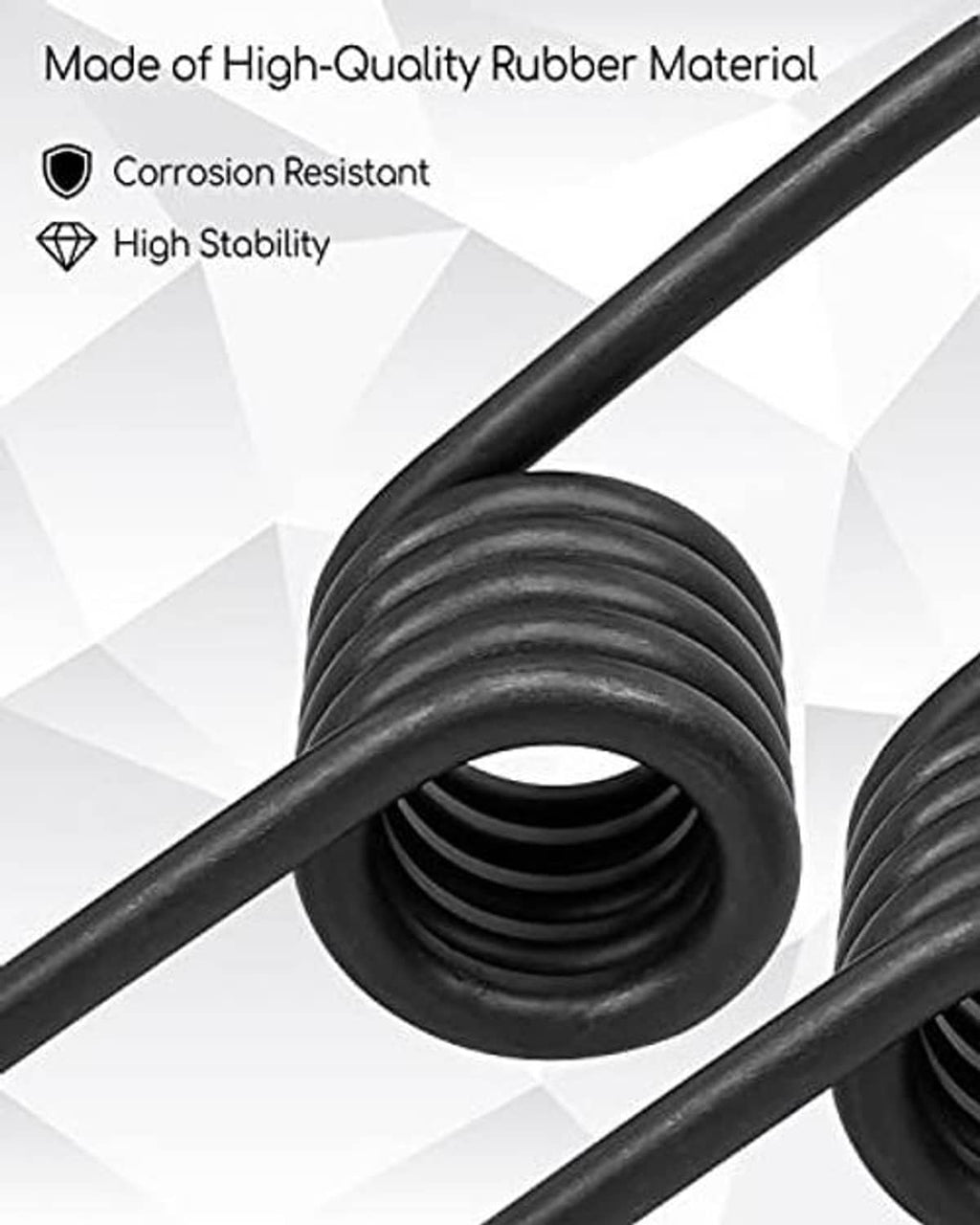 Black coiled torsion spring with steel rod, close-up of mounting eyelet