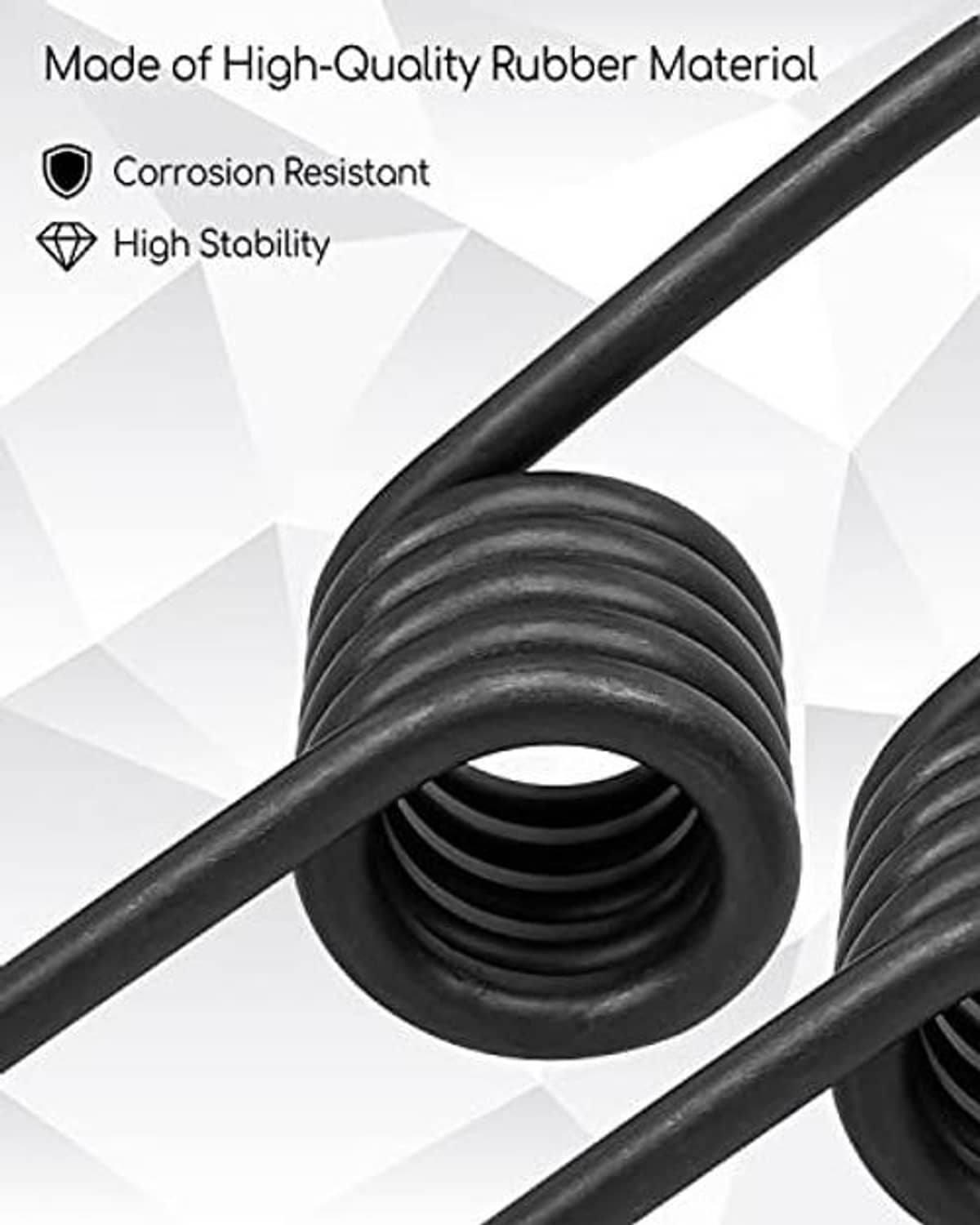 Black coiled torsion spring with steel rod, close-up of mounting eyelet